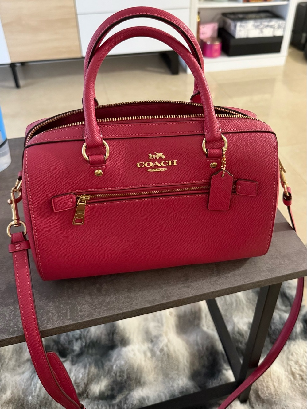 Coach Rowan 79946 Fuchsia Pink Crossgrain Leather Satchel Crossbody Bag